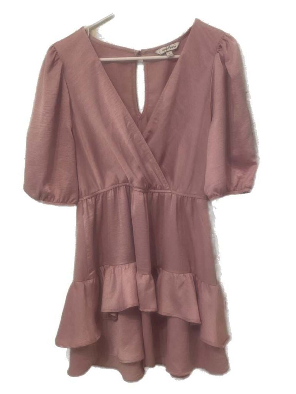 Speechless Mauve Satin Surplice Puff Sleeve Tiered Ruffle Mini Dress, Size L